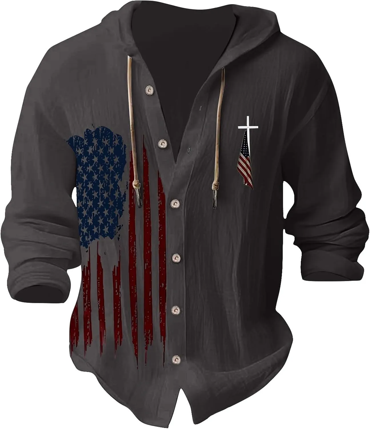 Mens Long Sleeve Shirts Independence Day Drawstring Linen Hooded Sweatshirt Casual Button Down Cotton Tops with Hood
