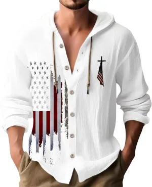 Mens Loose Fit Button Hoodie Shirt Midweight Collar Drawstring Pullover Sweatshirts Summer Casual Long Sleeve Cotton Tops