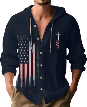 Mens Loose Fit Button Hoodie Shirt Midweight Collar Drawstring Pullover Sweatshirts Summer Casual Long Sleeve Cotton Tops