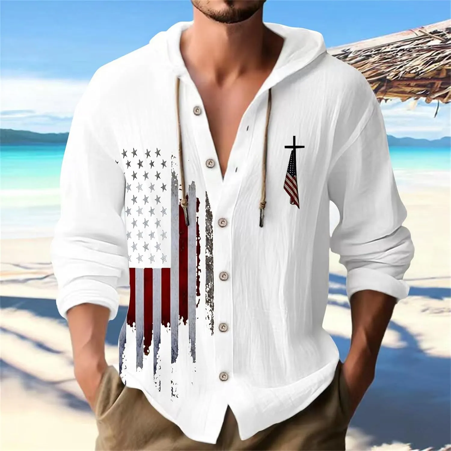 Mens Loose Fit Button Hoodie Shirt Midweight Collar Drawstring Pullover Sweatshirts Summer Casual Long Sleeve Cotton Tops