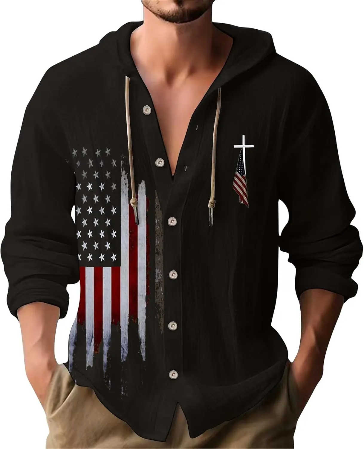 Mens Loose Fit Button Hoodie Shirt Midweight Collar Drawstring Pullover Sweatshirts Summer Casual Long Sleeve Cotton Tops