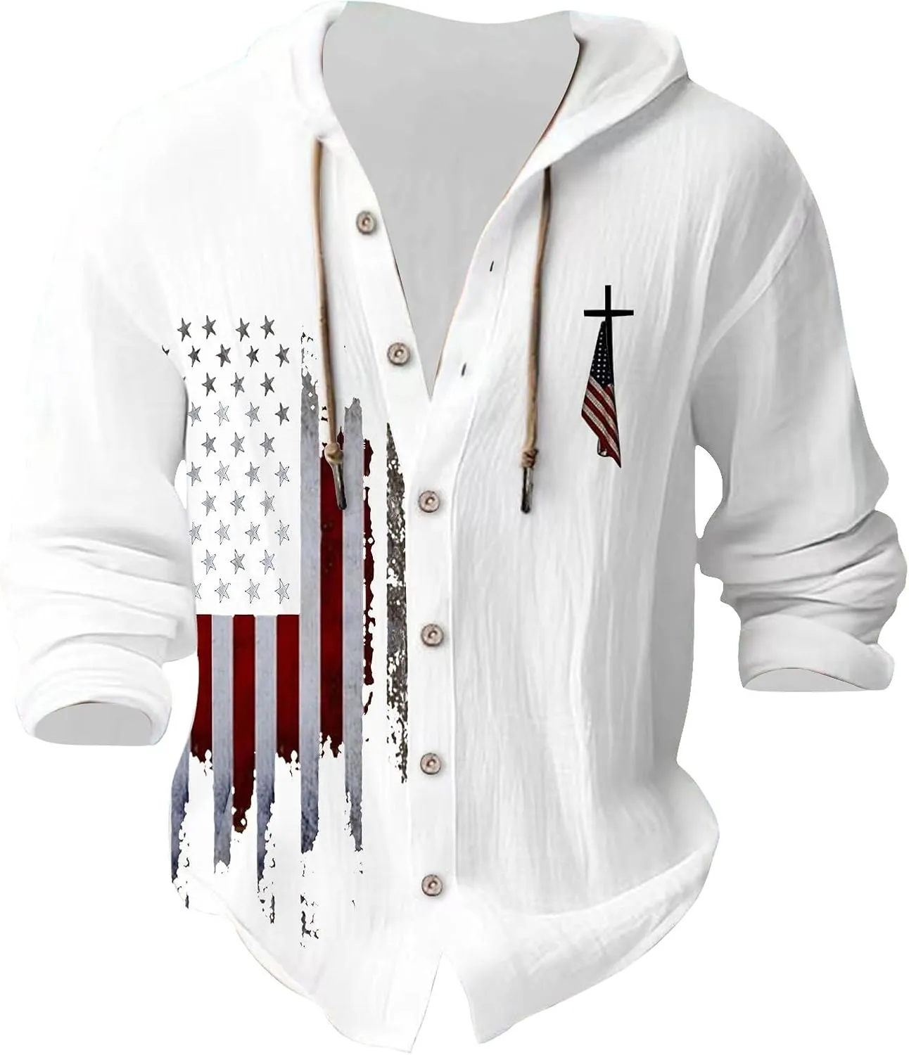 Mens Loose Fit Button Hoodie Shirt Midweight Collar Drawstring Pullover Sweatshirts Summer Casual Long Sleeve Cotton Tops