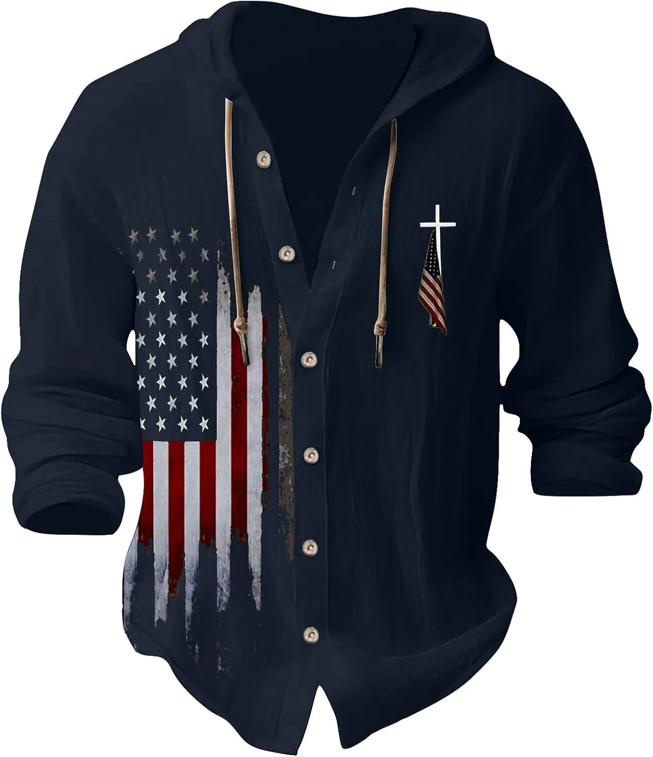 Mens Loose Fit Button Hoodie Shirt Midweight Collar Drawstring Pullover Sweatshirts Summer Casual Long Sleeve Cotton Tops
