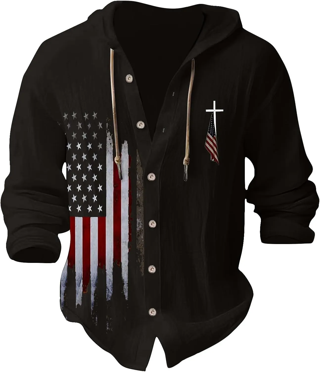 Mens Loose Fit Button Hoodie Shirt Midweight Collar Drawstring Pullover Sweatshirts Summer Casual Long Sleeve Cotton Tops