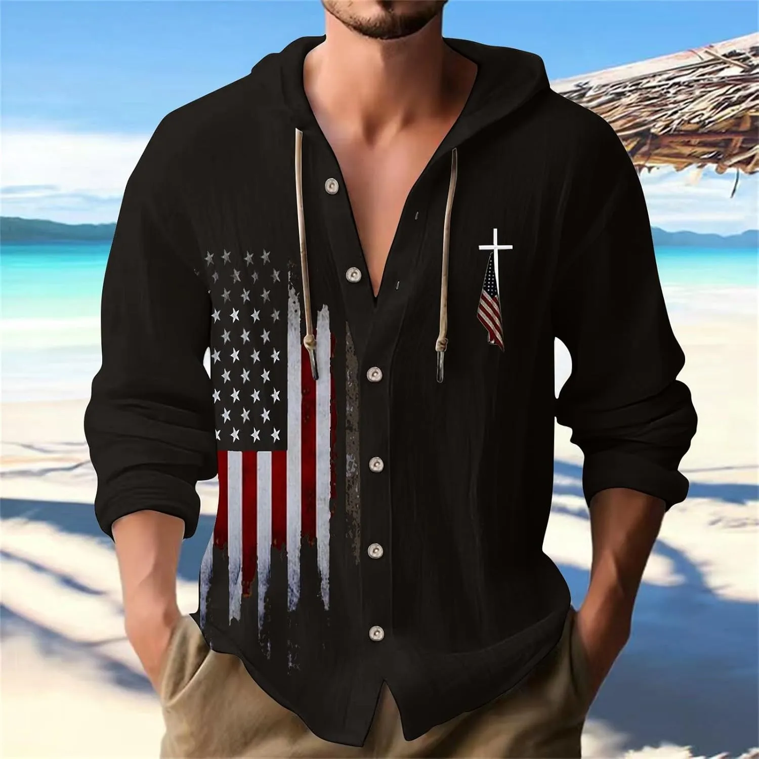 Mens Loose Fit Button Hoodie Shirt Midweight Collar Drawstring Pullover Sweatshirts Summer Casual Long Sleeve Cotton Tops