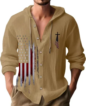 Mens Loose Fit Button Hoodie Shirt Midweight Collar Drawstring Pullover Sweatshirts Summer Casual Long Sleeve Cotton Tops