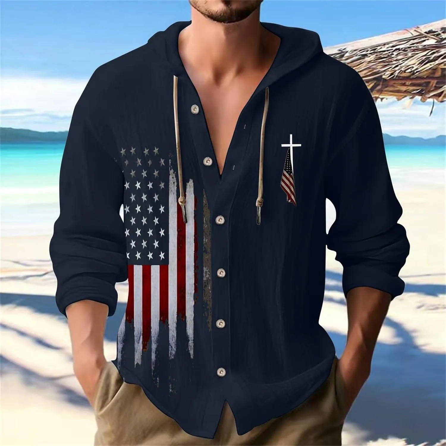 Mens Loose Fit Button Hoodie Shirt Midweight Collar Drawstring Pullover Sweatshirts Summer Casual Long Sleeve Cotton Tops
