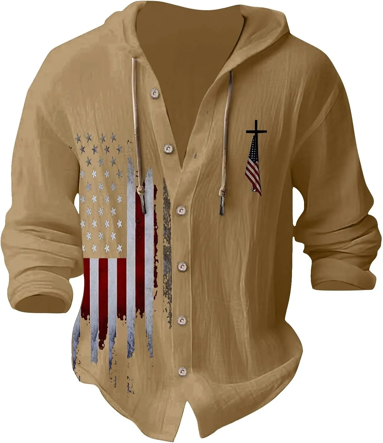 Mens Loose Fit Button Hoodie Shirt Midweight Collar Drawstring Pullover Sweatshirts Summer Casual Long Sleeve Cotton Tops