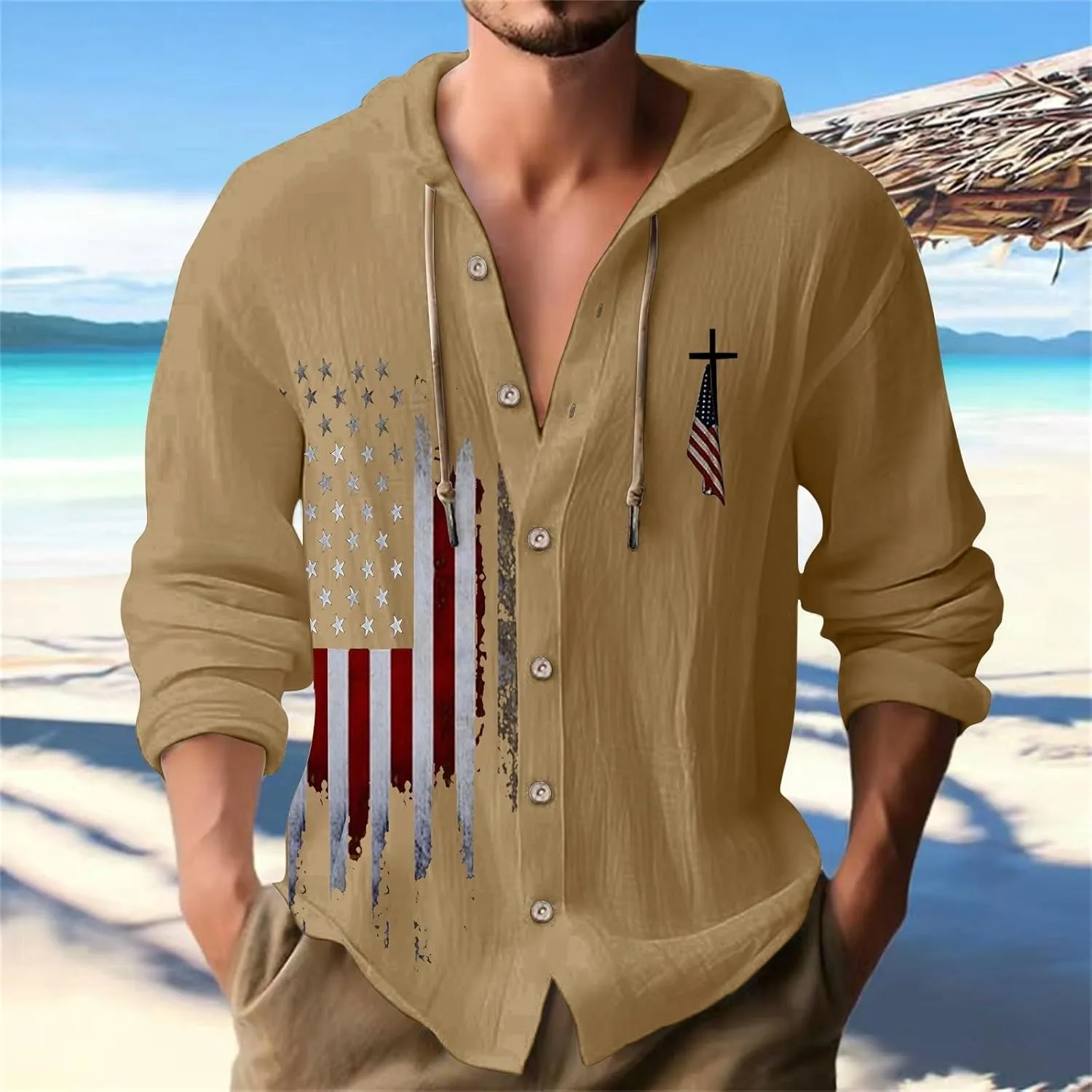 Mens Loose Fit Button Hoodie Shirt Midweight Collar Drawstring Pullover Sweatshirts Summer Casual Long Sleeve Cotton Tops