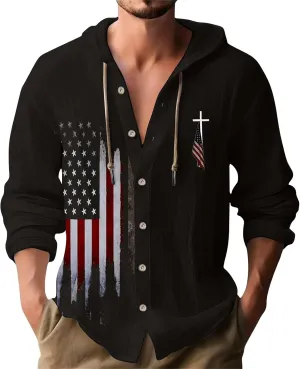 Mens Loose Fit Button Hoodie Shirt Midweight Collar Drawstring Pullover Sweatshirts Summer Casual Long Sleeve Cotton Tops