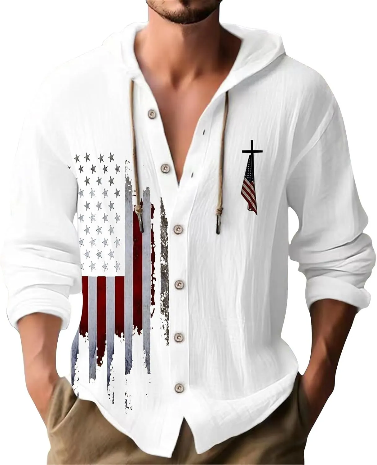 Mens Loose Fit Button Hoodie Shirt Midweight Collar Drawstring Pullover Sweatshirts Summer Casual Long Sleeve Cotton Tops