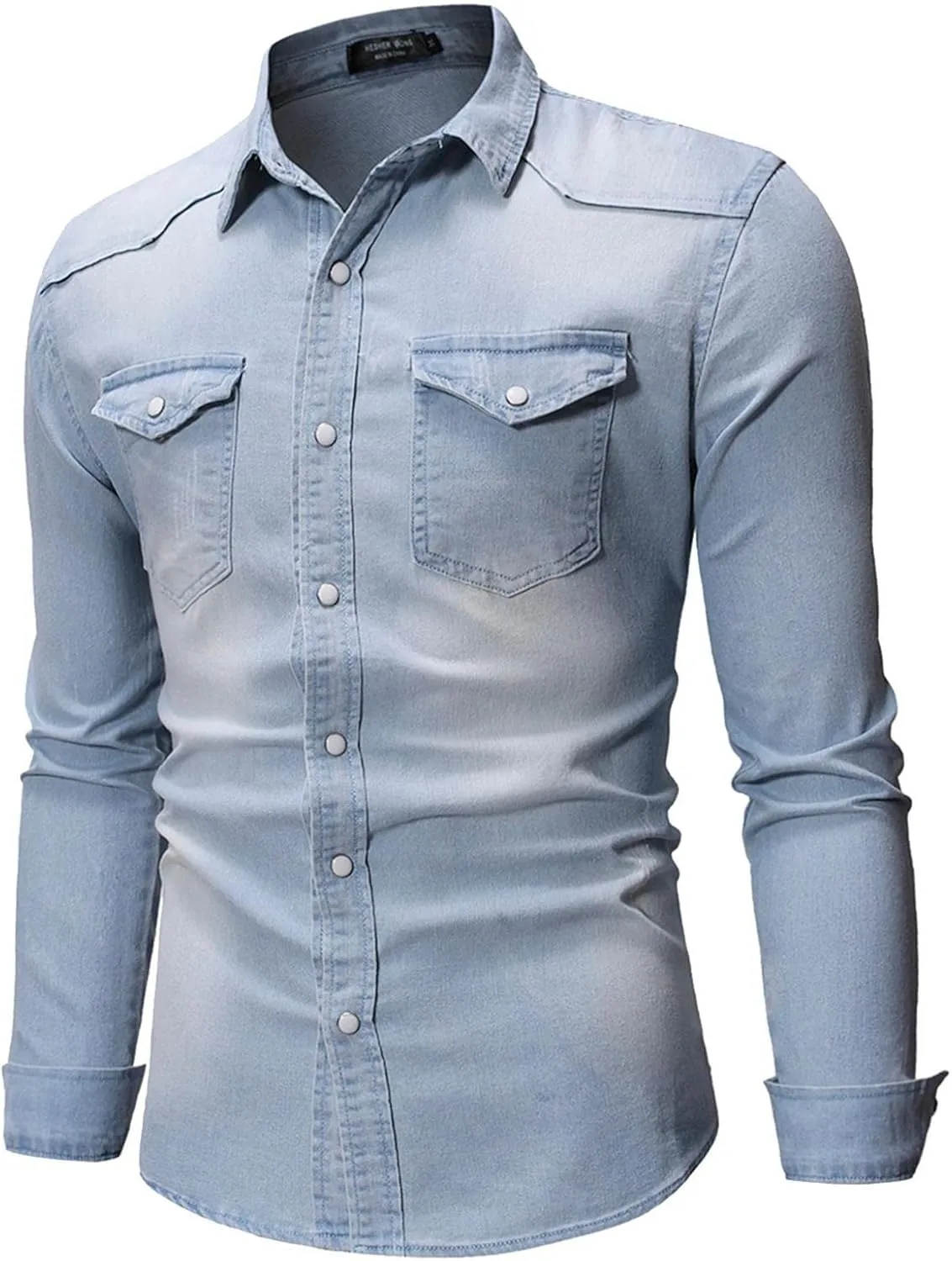 Mens Western Cowboy Shirts Vintage Washed Long Sleeve Denim Shackets Distressed Button Down Trucker Fishing Work Shirts