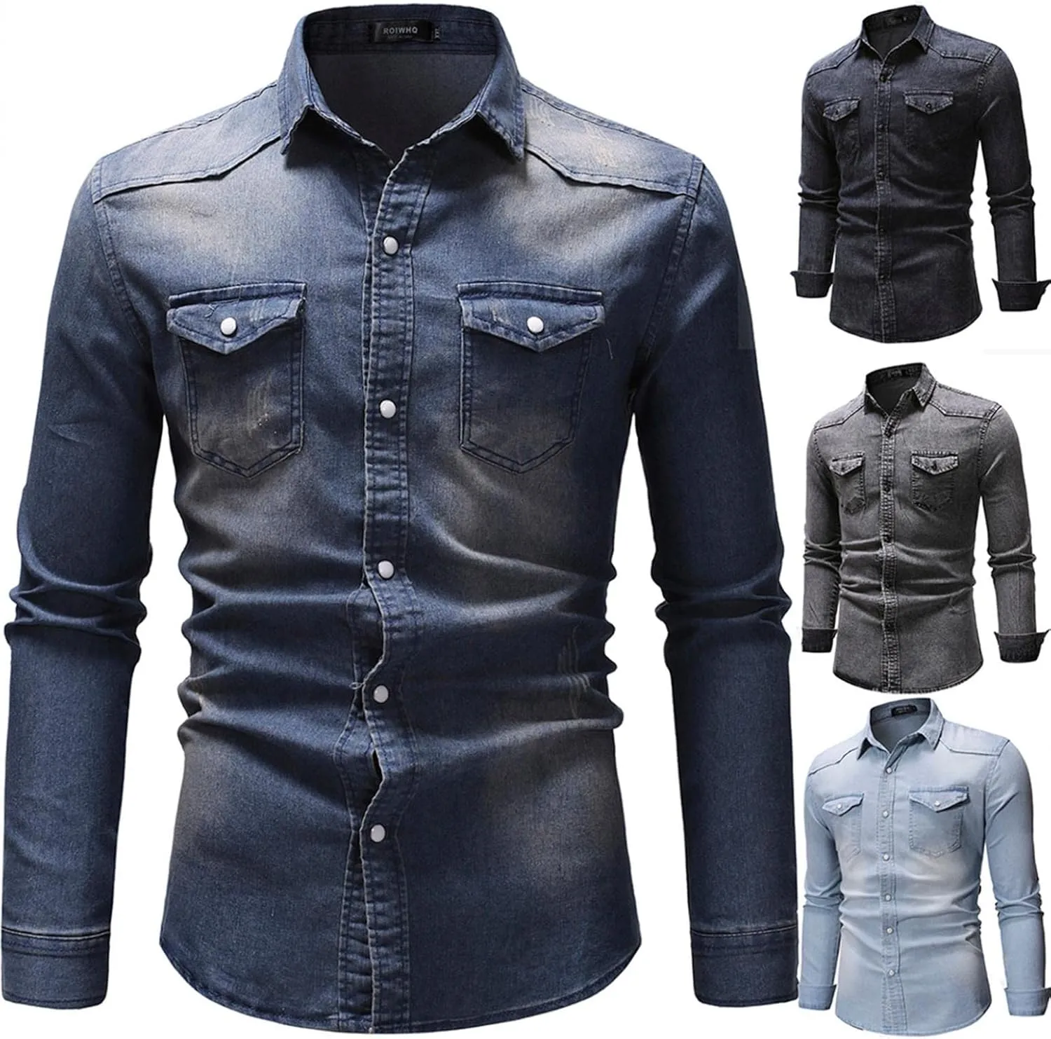 Mens Western Cowboy Shirts Vintage Washed Long Sleeve Denim Shackets Distressed Button Down Trucker Fishing Work Shirts