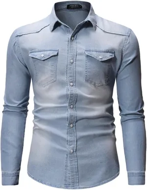 Mens Western Cowboy Shirts Vintage Washed Long Sleeve Denim Shackets Distressed Button Down Trucker Fishing Work Shirts