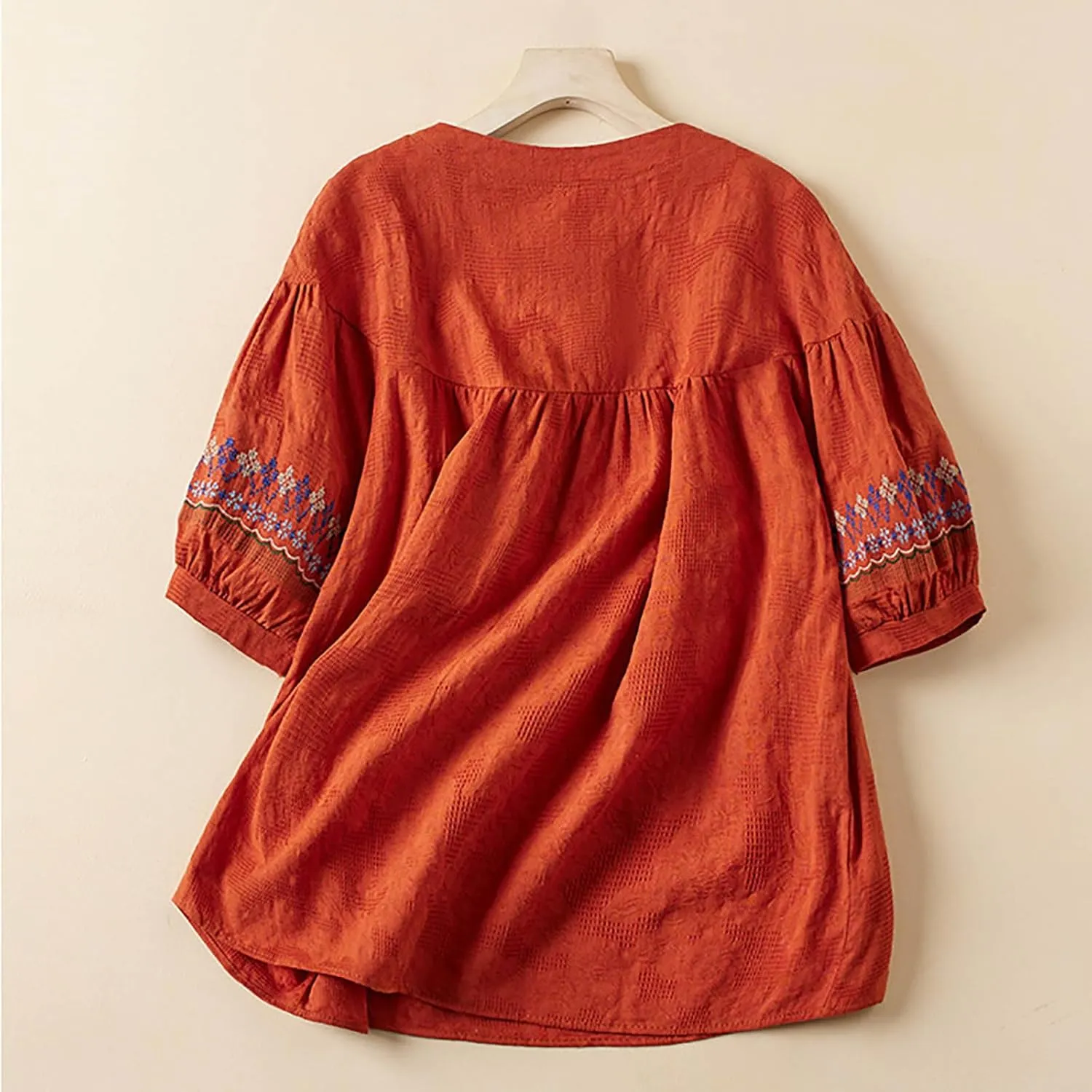 Mexican Embroidered Tops for Women Summer Cotton Linen Top Casual Short Sleeve Blouses Fasion Round Neck Tee