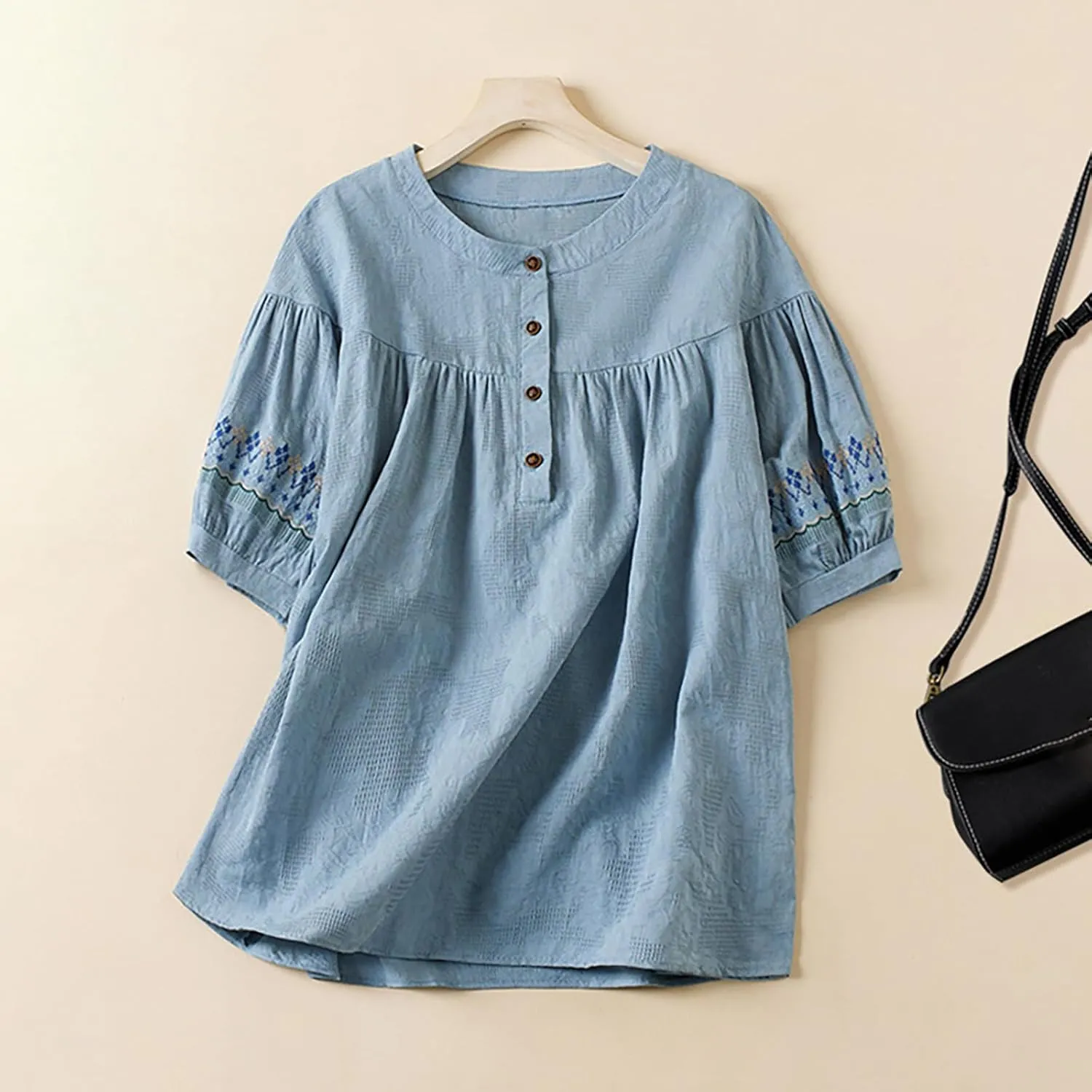 Mexican Embroidered Tops for Women Summer Cotton Linen Top Casual Short Sleeve Blouses Fasion Round Neck Tee