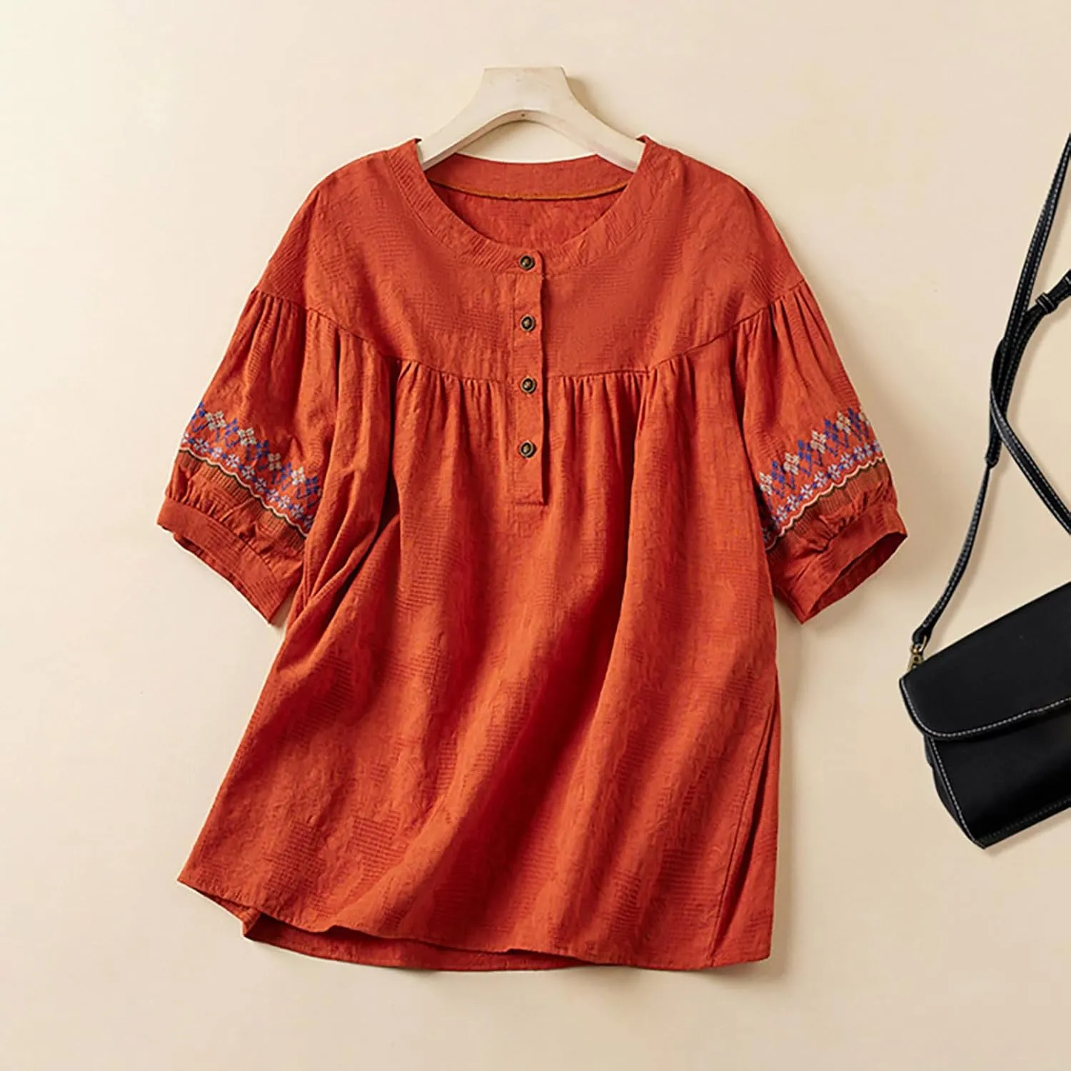 Mexican Embroidered Tops for Women Summer Cotton Linen Top Casual Short Sleeve Blouses Fasion Round Neck Tee