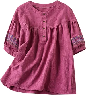 Mexican Embroidered Tops for Women Summer Cotton Linen Top Casual Short Sleeve Blouses Fasion Round Neck Tee