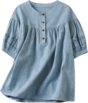 Mexican Embroidered Tops for Women Summer Cotton Linen Top Casual Short Sleeve Blouses Fasion Round Neck Tee