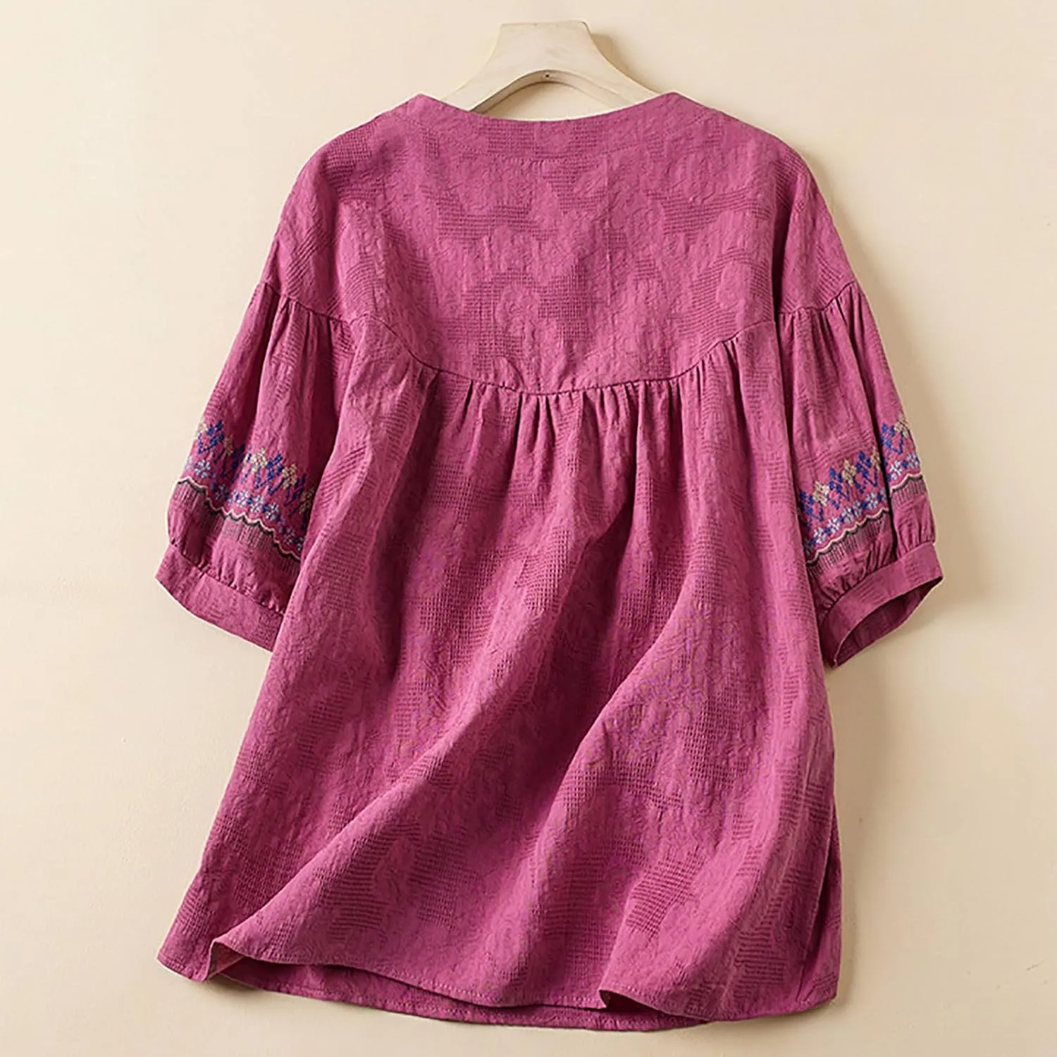 Mexican Embroidered Tops for Women Summer Cotton Linen Top Casual Short Sleeve Blouses Fasion Round Neck Tee