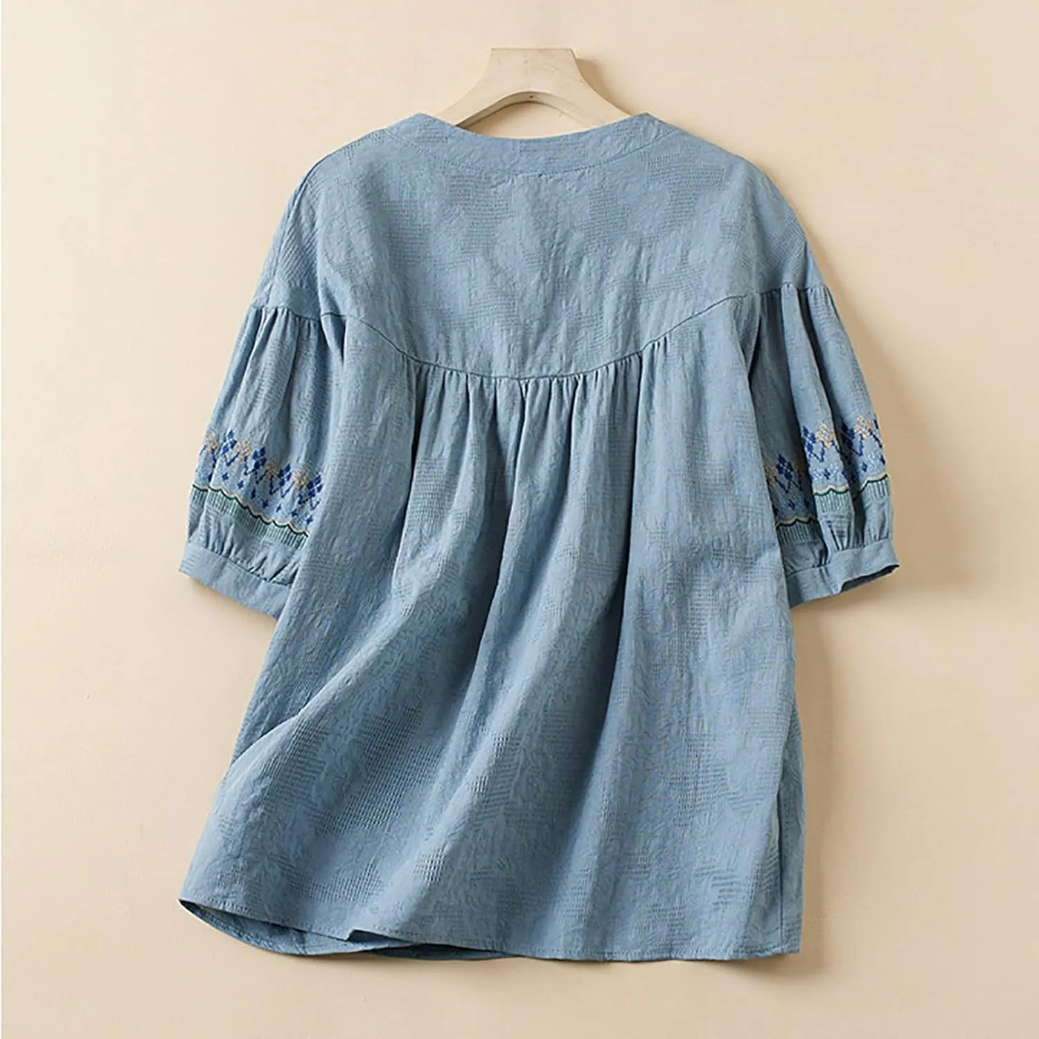 Mexican Embroidered Tops for Women Summer Cotton Linen Top Casual Short Sleeve Blouses Fasion Round Neck Tee