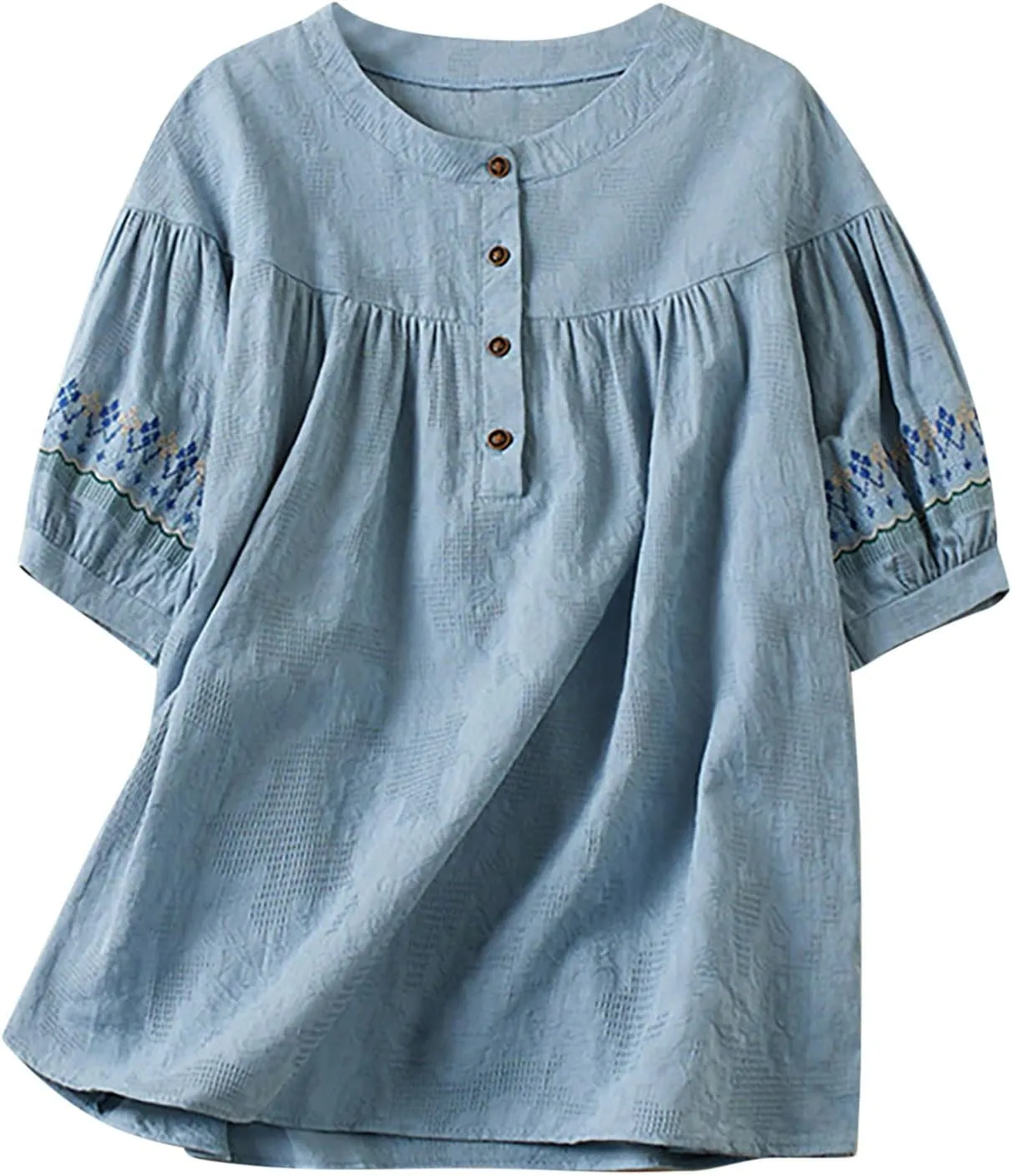 Mexican Embroidered Tops for Women Summer Cotton Linen Top Casual Short Sleeve Blouses Fasion Round Neck Tee