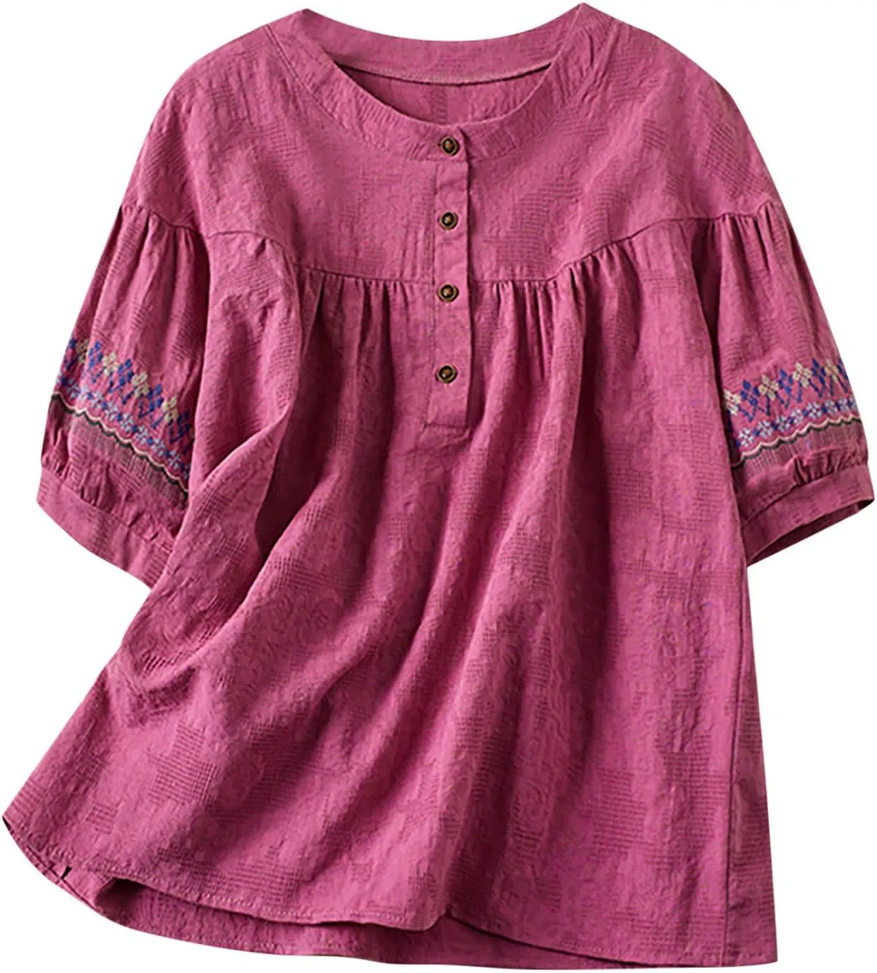 Mexican Embroidered Tops for Women Summer Cotton Linen Top Casual Short Sleeve Blouses Fasion Round Neck Tee