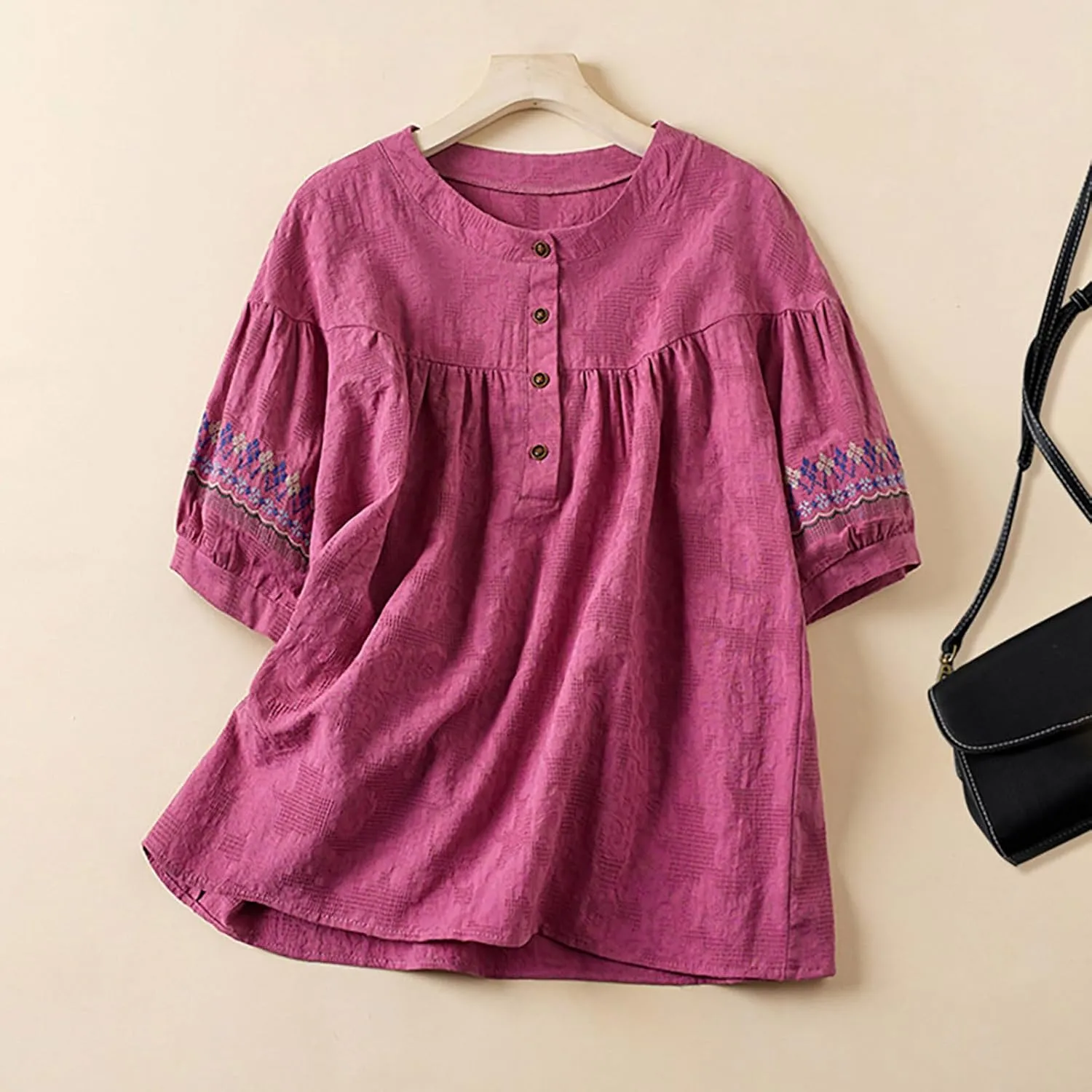 Mexican Embroidered Tops for Women Summer Cotton Linen Top Casual Short Sleeve Blouses Fasion Round Neck Tee
