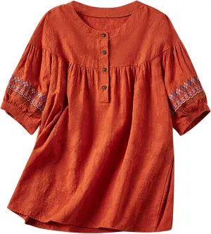 Mexican Embroidered Tops for Women Summer Cotton Linen Top Casual Short Sleeve Blouses Fasion Round Neck Tee