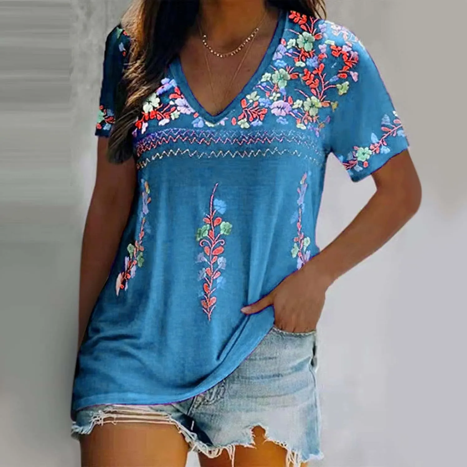 Mexican Shirt for Women 2024 Fashion Mexican Embroidered Blouse Ethnic Style Tees Boho Floral Print Short Sleeve Tops