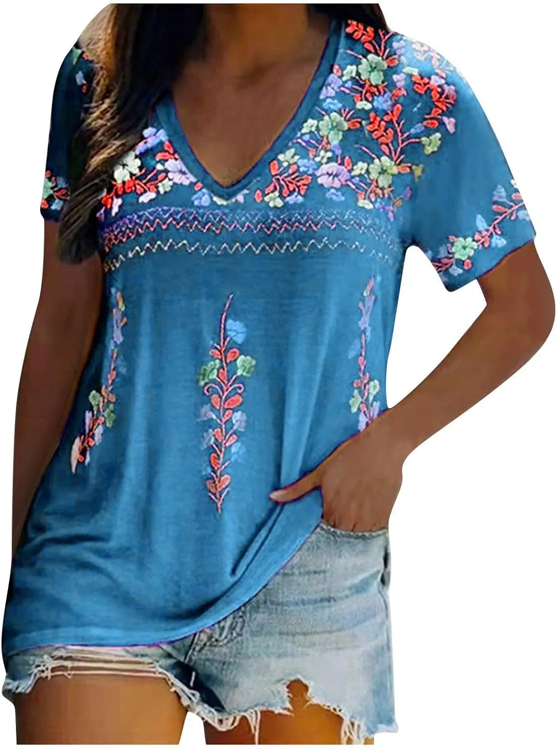Mexican Shirt for Women 2024 Fashion Mexican Embroidered Blouse Ethnic Style Tees Boho Floral Print Short Sleeve Tops