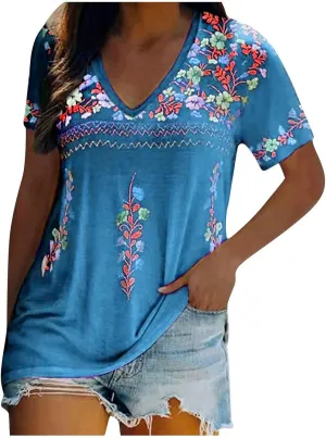 Mexican Shirt for Women 2024 Fashion Mexican Embroidered Blouse Ethnic Style Tees Boho Floral Print Short Sleeve Tops