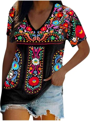 Mexican Shirt for Women 2024 Fashion Mexican Embroidered Blouse Ethnic Style Tees Boho Floral Print Short Sleeve Tops