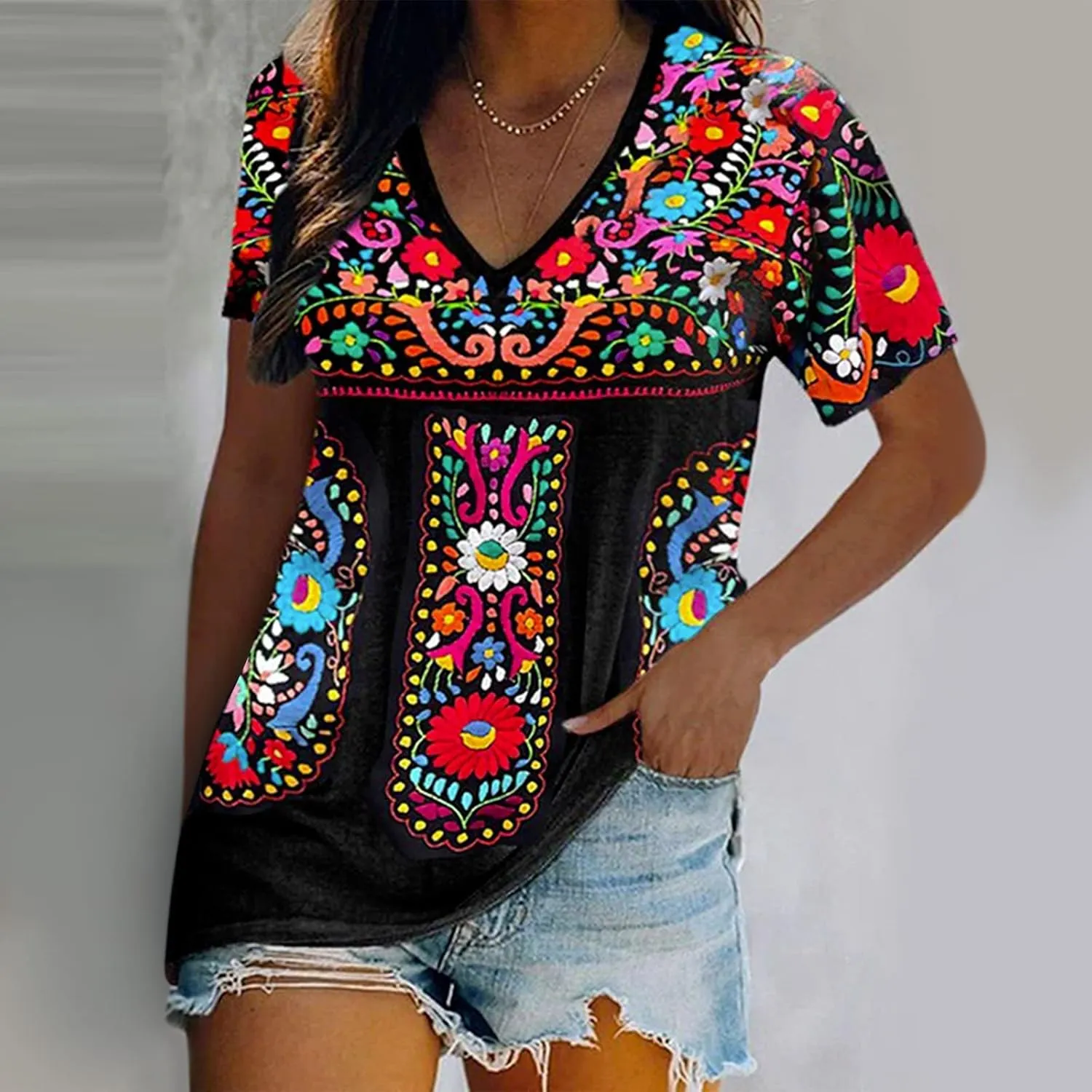 Mexican Shirt for Women 2024 Fashion Mexican Embroidered Blouse Ethnic Style Tees Boho Floral Print Short Sleeve Tops