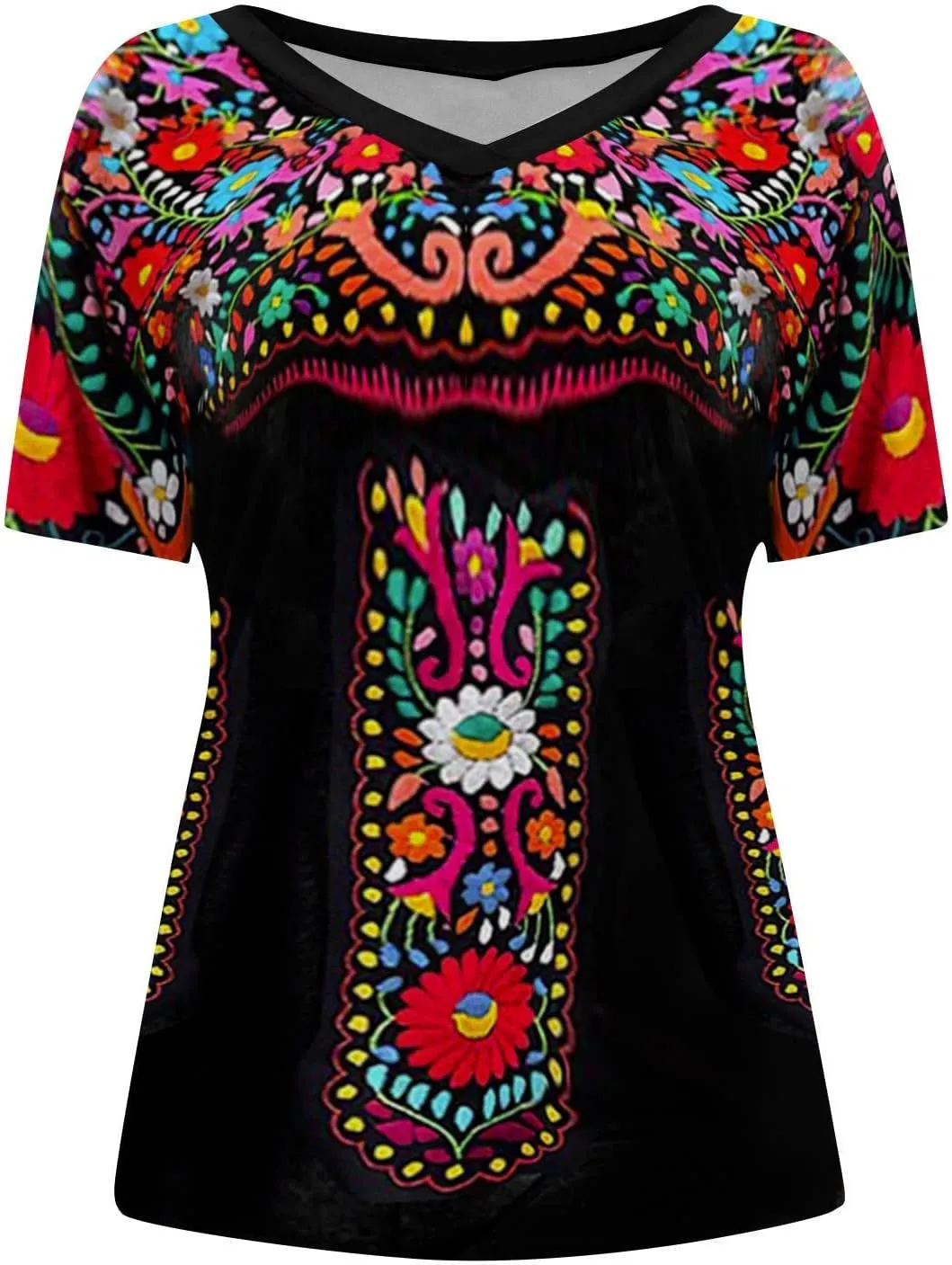Mexican Shirt for Women 2024 Fashion Mexican Embroidered Blouse Ethnic Style Tees Boho Floral Print Short Sleeve Tops