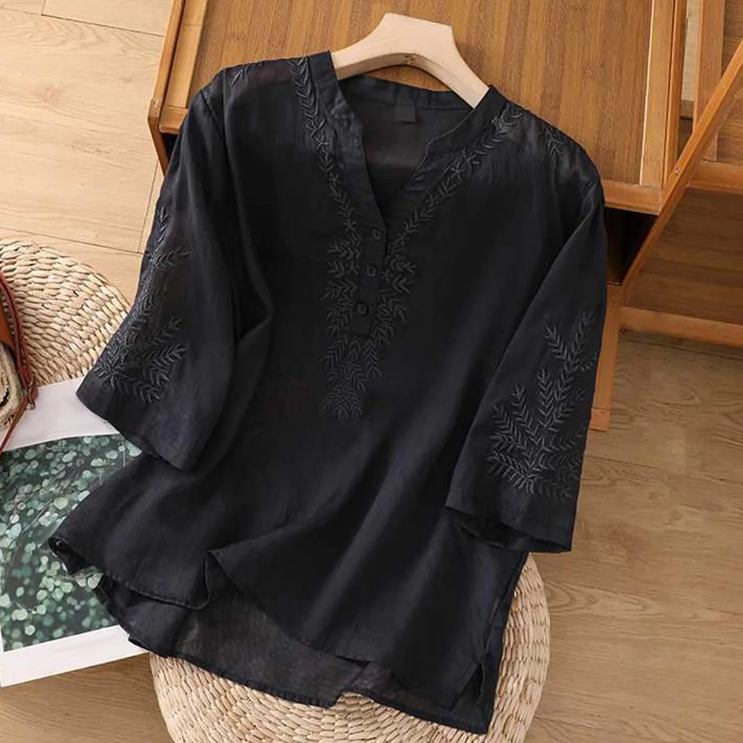 Mexican Tops for Women Vacation Summer Embroidered Blouses V Neck Button Down T-Shirt Short Sleeve Shirt