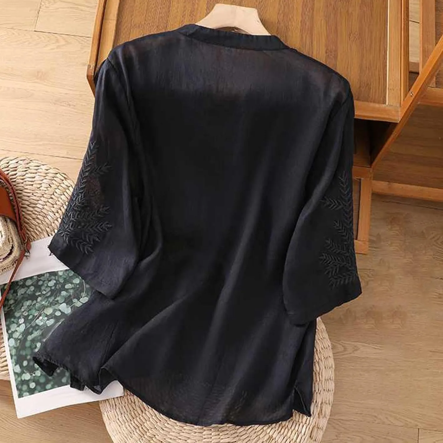Mexican Tops for Women Vacation Summer Embroidered Blouses V Neck Button Down T-Shirt Short Sleeve Shirt
