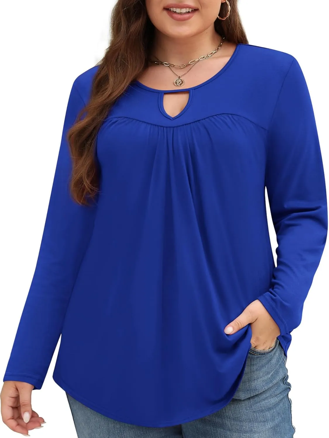 Miladusa Plus Size Tops for Women Long Sleeve Shirts Keyhole Crewneck Pleated Tunics Tee Blouse L-4XL