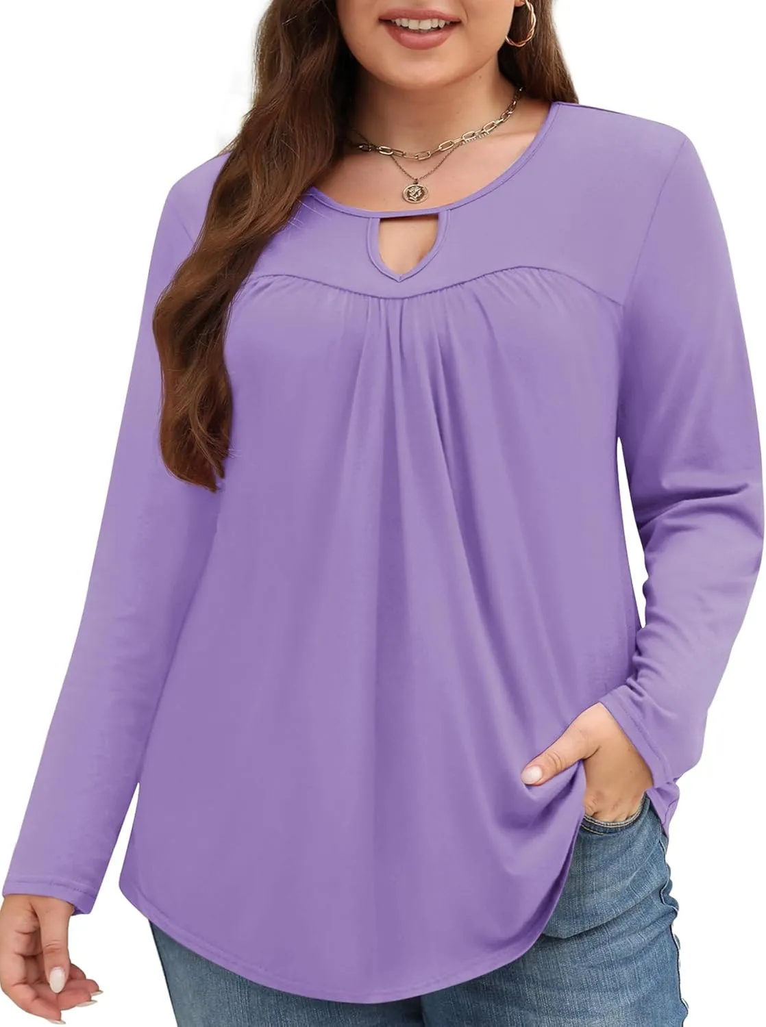 Miladusa Plus Size Tops for Women Long Sleeve Shirts Keyhole Crewneck Pleated Tunics Tee Blouse L-4XL