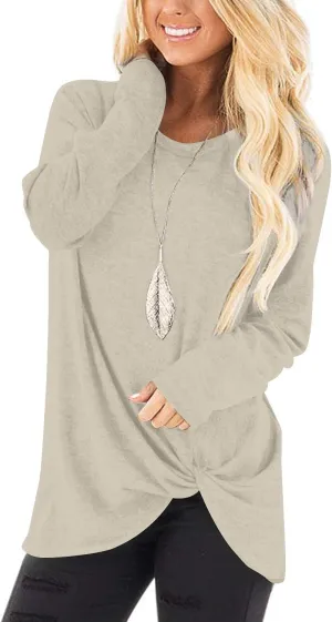 NILOUFO Womens Long Sleeve Shirts Casual Blouses Trendy Twist Knot Tunics Tops for Leggings