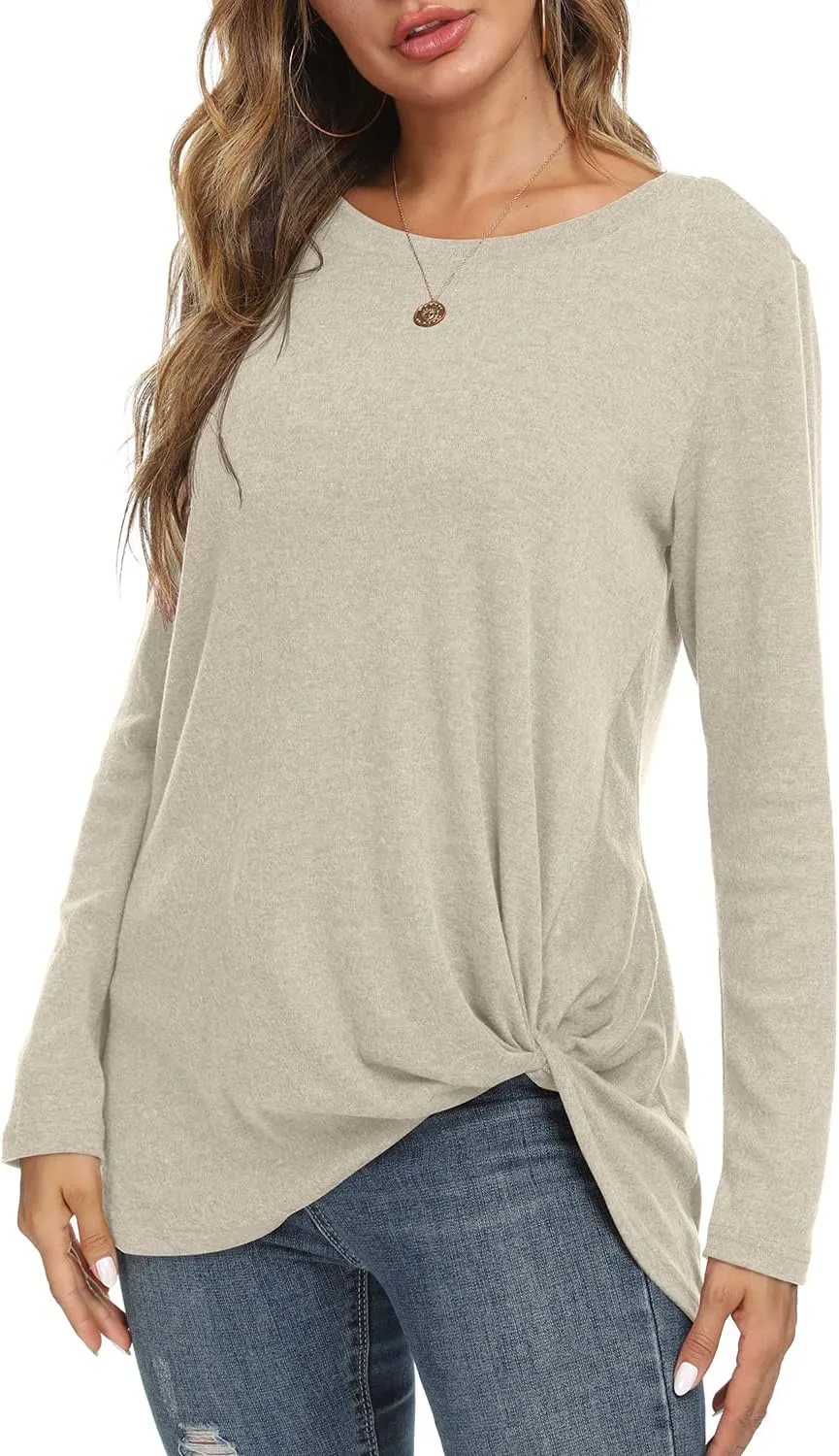 NILOUFO Womens Long Sleeve Shirts Casual Blouses Trendy Twist Knot Tunics Tops for Leggings