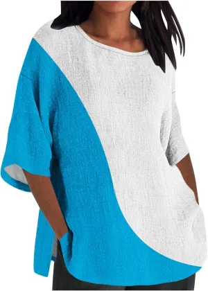 Oversize Tshirt Shirts for Women Dressy Casual 3/4 Sleeve Crewneck Summer Linen Tops Fashion Printed Tees Blouses