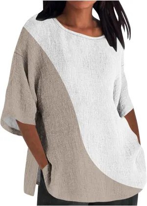 Oversize Tshirt Shirts for Women Dressy Casual 3/4 Sleeve Crewneck Summer Linen Tops Fashion Printed Tees Blouses
