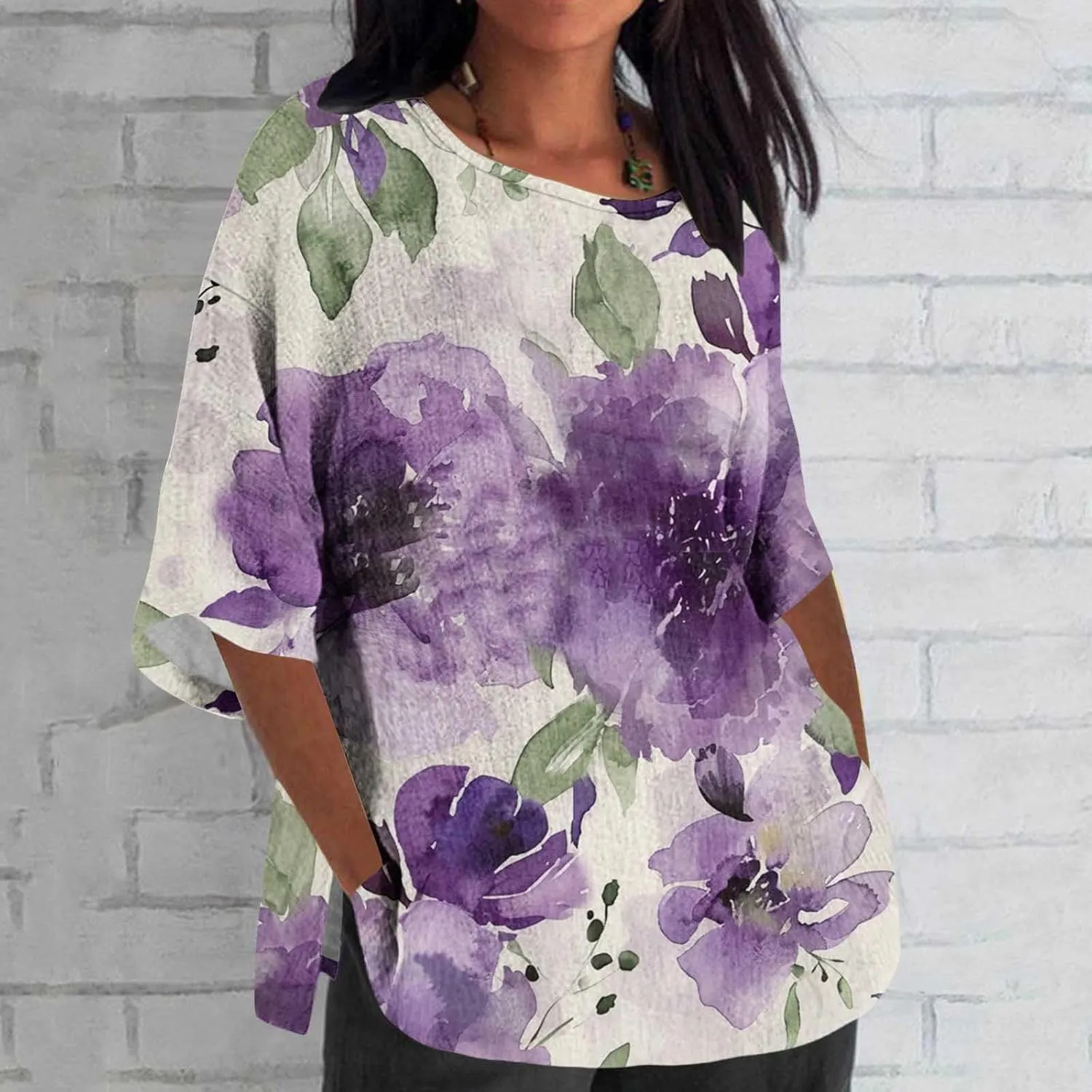Oversize Tshirt Shirts for Women Dressy Casual 3/4 Sleeve Crewneck Summer Linen Tops Fashion Printed Tees Blouses