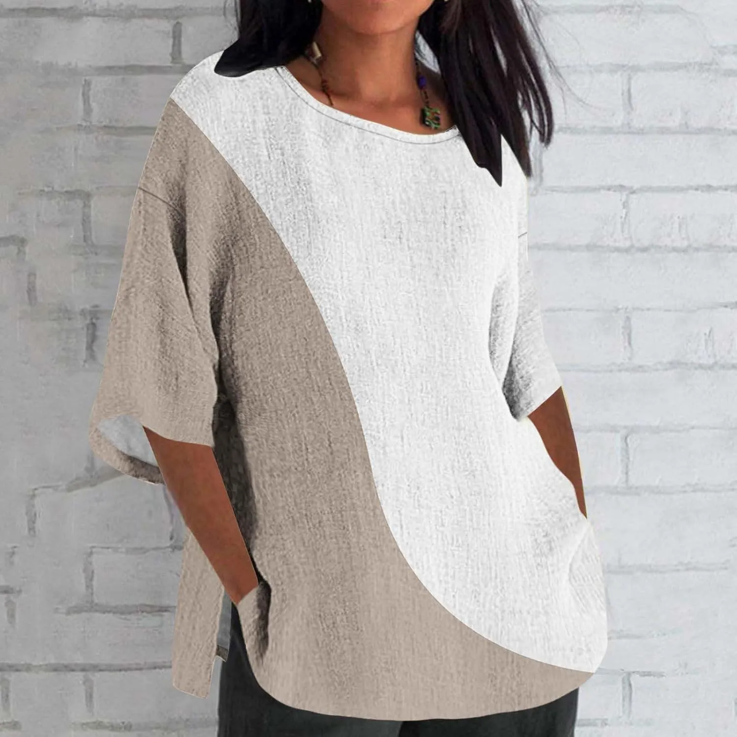 Oversize Tshirt Shirts for Women Dressy Casual 3/4 Sleeve Crewneck Summer Linen Tops Fashion Printed Tees Blouses