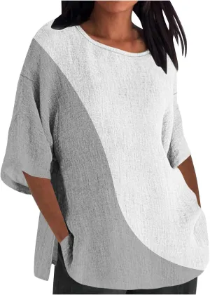 Oversize Tshirt Shirts for Women Dressy Casual 3/4 Sleeve Crewneck Summer Linen Tops Fashion Printed Tees Blouses