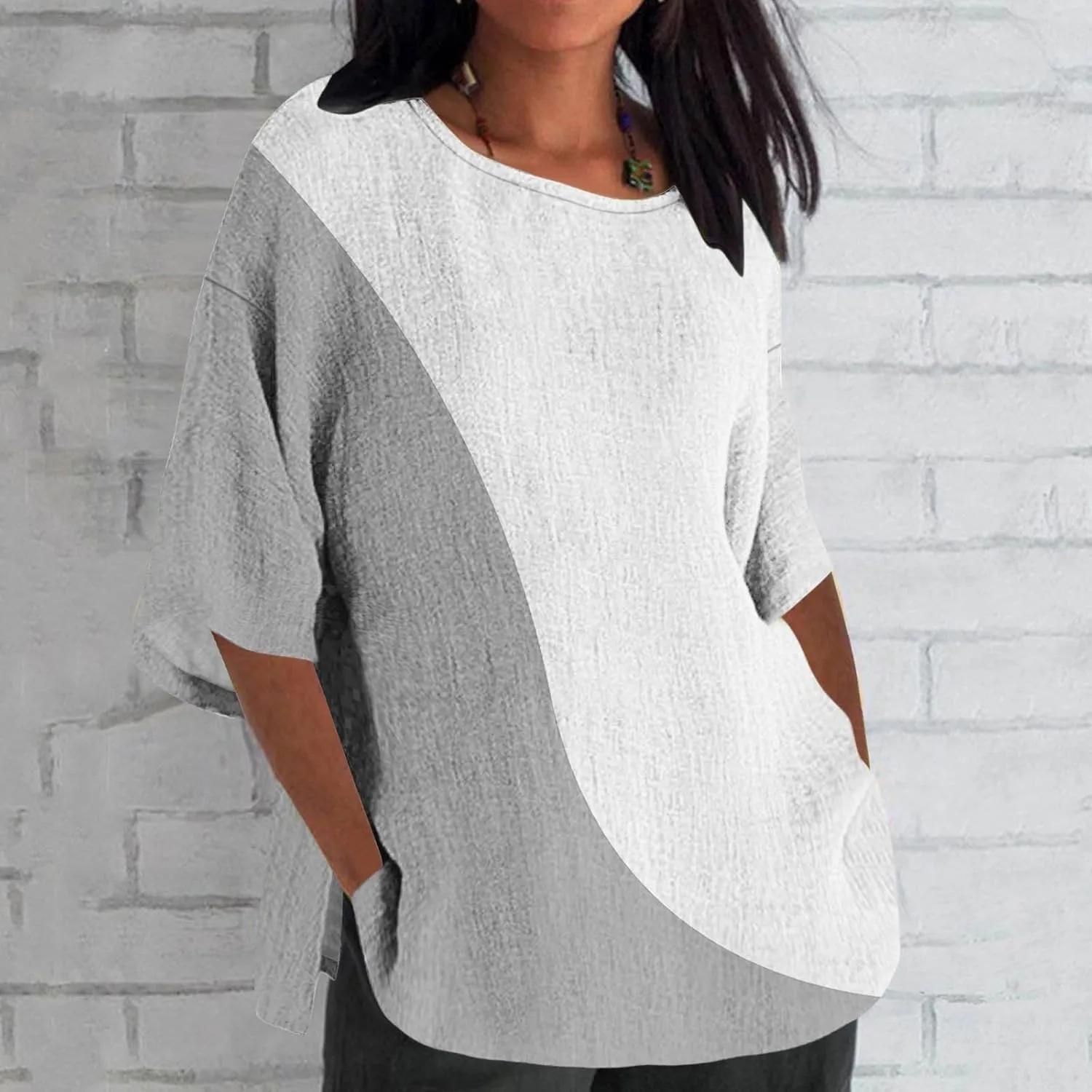 Oversize Tshirt Shirts for Women Dressy Casual 3/4 Sleeve Crewneck Summer Linen Tops Fashion Printed Tees Blouses