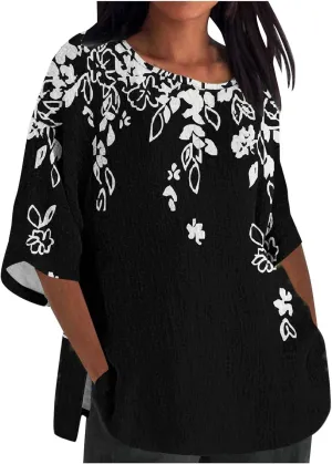 Oversize Tshirt Shirts for Women Dressy Casual 3/4 Sleeve Crewneck Summer Linen Tops Fashion Printed Tees Blouses