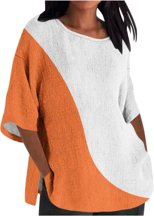 Oversize Tshirt Shirts for Women Dressy Casual 3/4 Sleeve Crewneck Summer Linen Tops Fashion Printed Tees Blouses