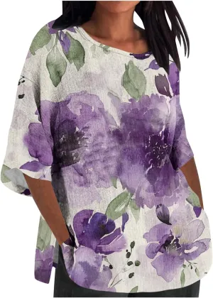 Oversize Tshirt Shirts for Women Dressy Casual 3/4 Sleeve Crewneck Summer Linen Tops Fashion Printed Tees Blouses